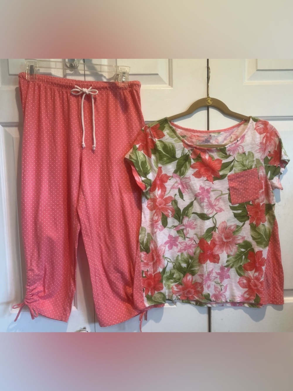 2 Pc Apricot & Pink Floral Pajama Set with Polka Dot Accents
